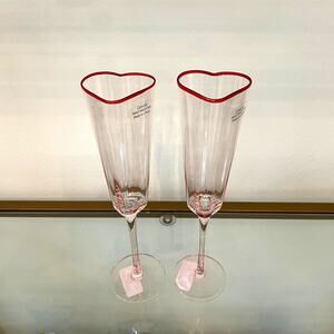 Pink Heart Shaped Champagne Flute Glass Set of 2 Red Rim Valentines Day NEW
